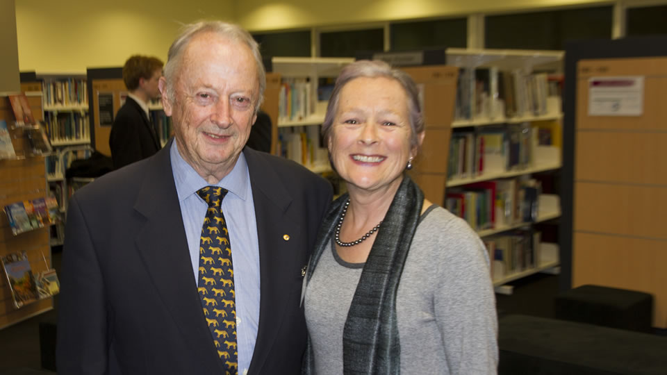 Margaret Mason-Cox with author and Old Boy Tim Bowden ('54).