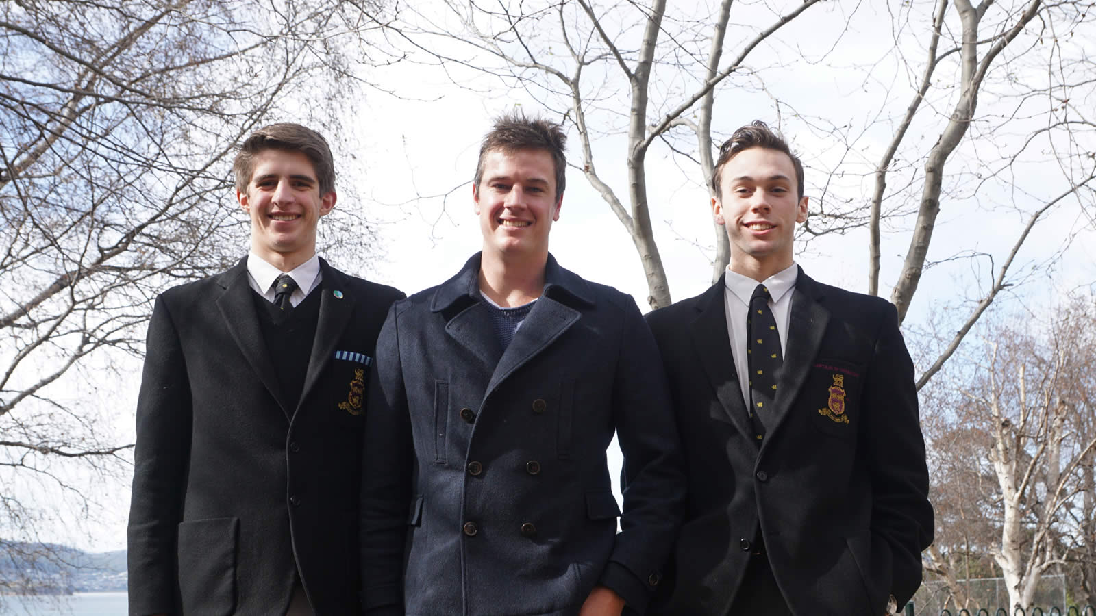 Tom is pictured with Year 12 students Angus Calvert and Michael Young.