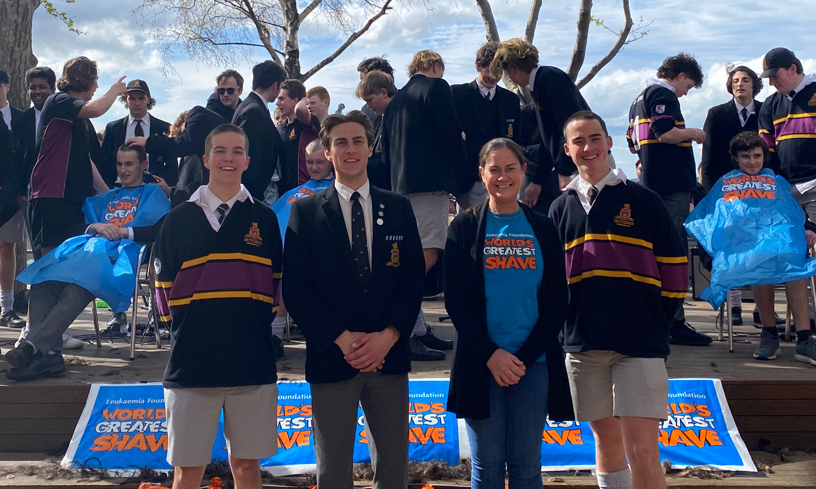 L–R: Oliver Clennett (Prefect), William Zeeman (Year 11), Gaye French (Community Supporters Specialist – The Leukaemia Foundation), and Harry Jones (School Captain).