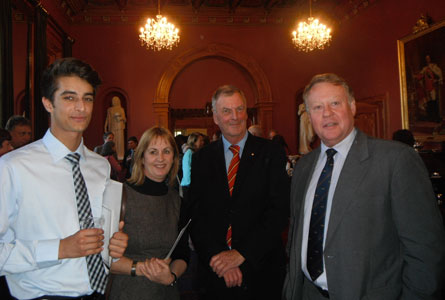 TQA award winner Nanak Narulla with his mother Sally Brown, His Excellency, The Honourable Peter Underwood, Governor of Tasmania and Headmaster Warwick Dean.