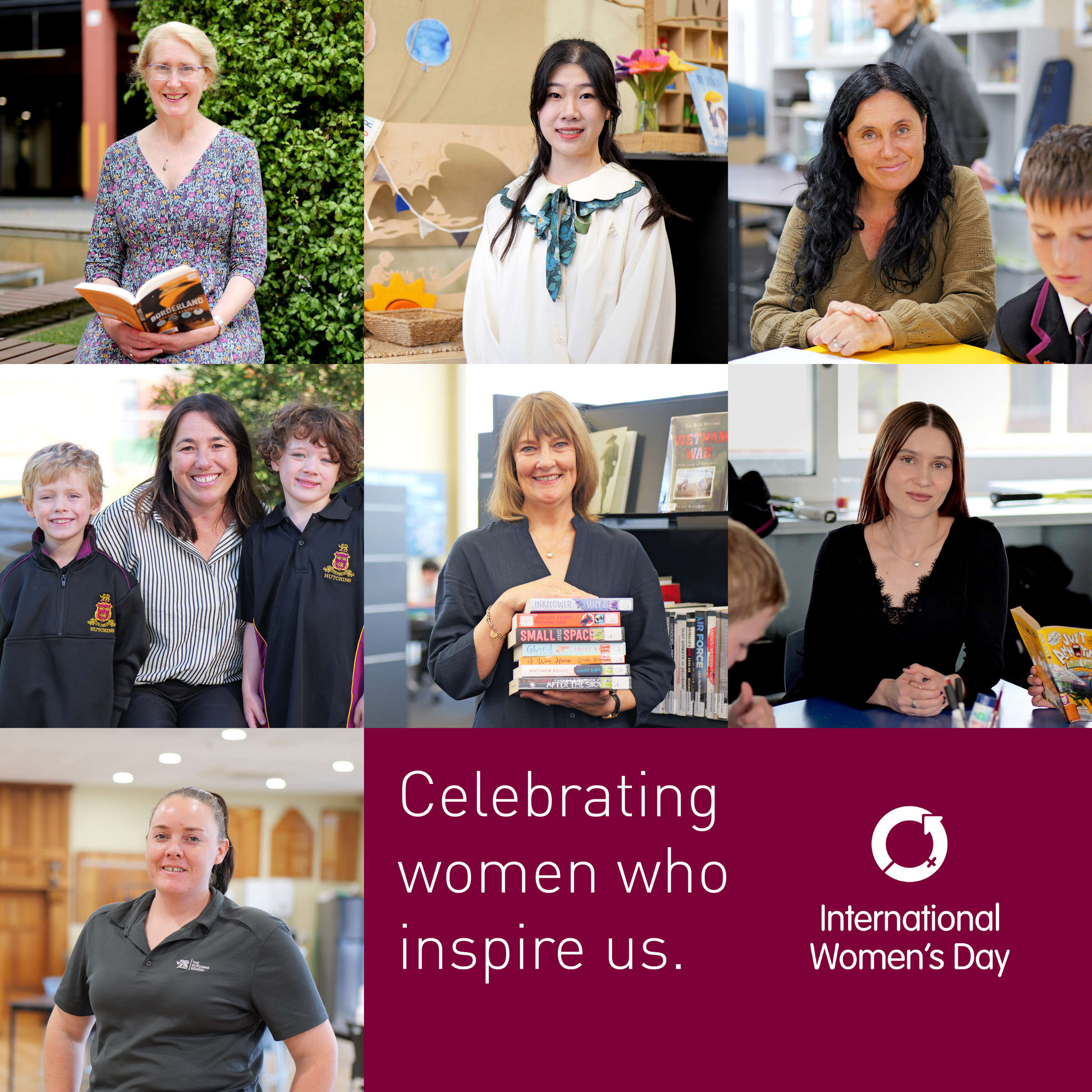 Celebrating women who inspire us. Composite image featuring Mrs Alison Farmer, Miss Cher Zhang, Mrs Deb Lie, Mrs Emma Nuttall, Mrs Michelle Davies, Mrs Emma Jacobson, and Ms Jaz Reardon.