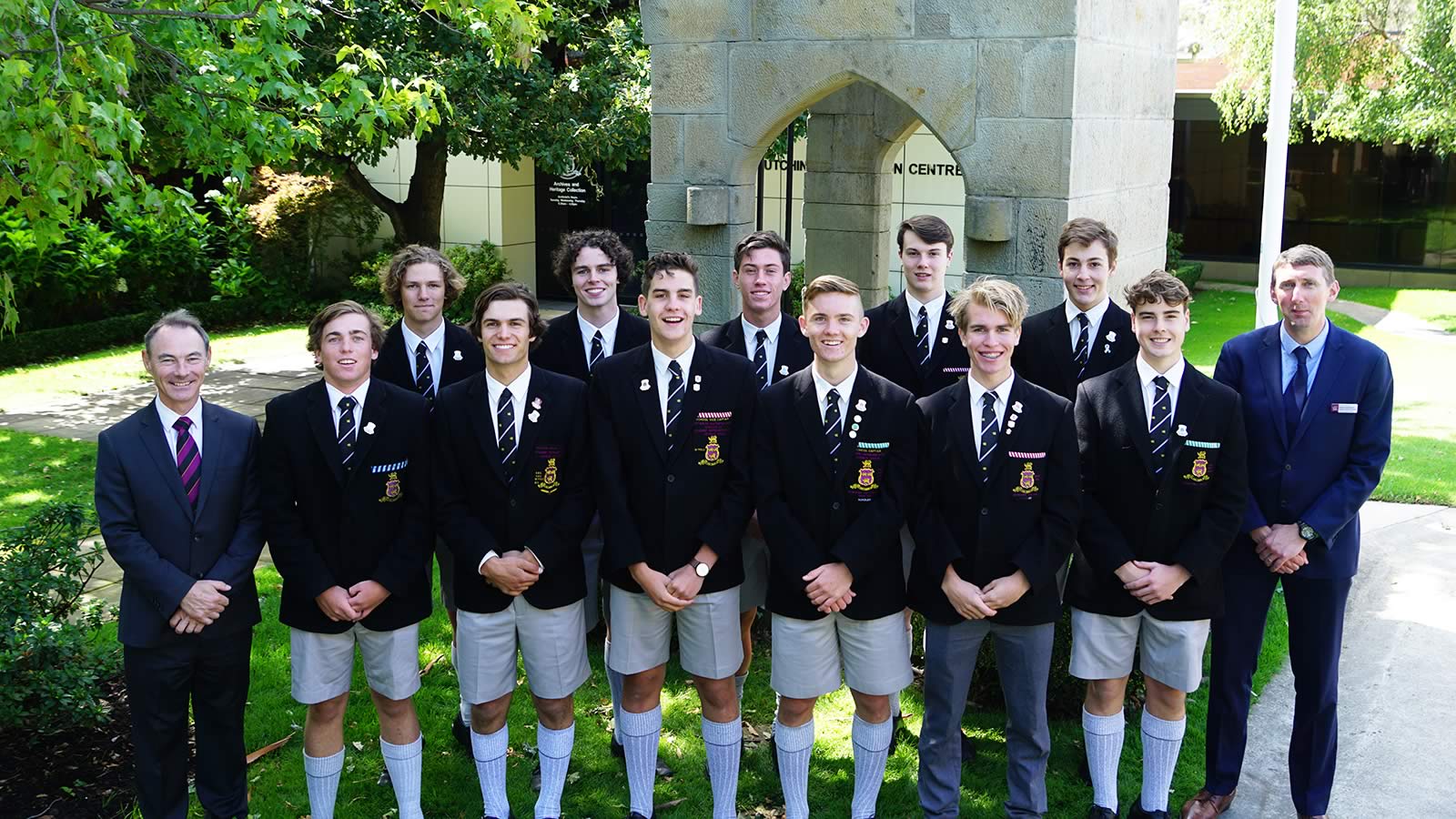 Hutchins 2020 Prefects with Headmaster Dr Rob McEwan and Deputy Headmaster Mr Richard Davies.