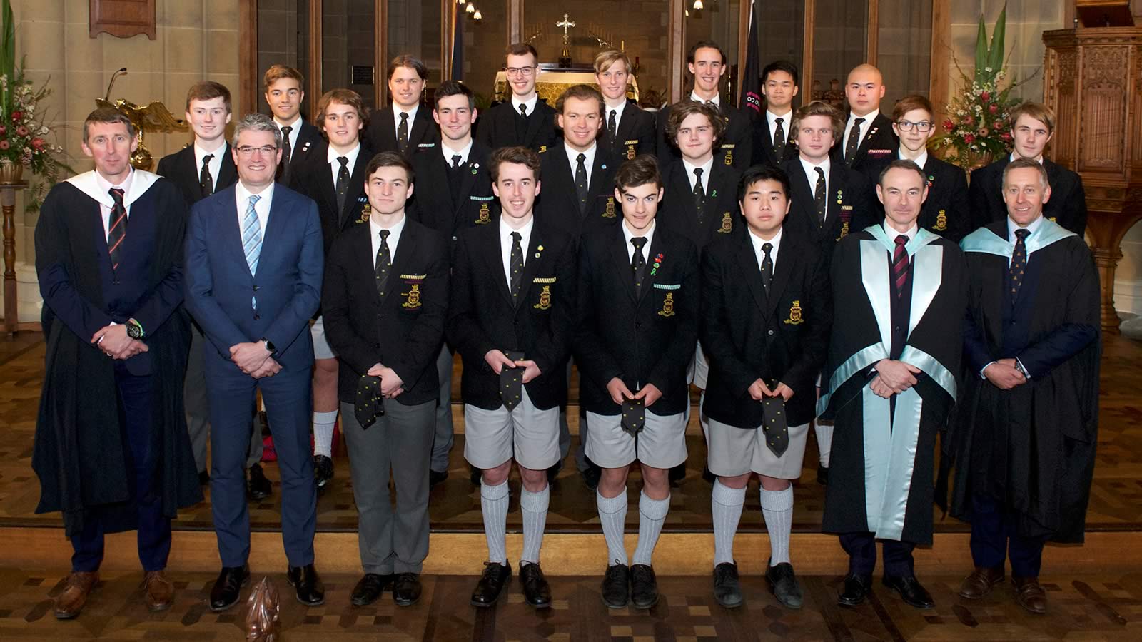 2019 Anniversary Tie recipients with Mr Richard Davies (Deputy Headmaster), Mr Gene Phair (Chairperson of the Board), Dr Rob McEwan (Headmaster) and Mr Roger McNamara (Head of Senior School).