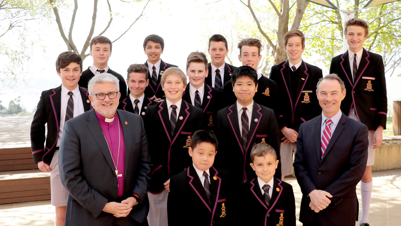 The Rt Revd Dr Richard Condie, Dr Rob McEwan and The Hutchins School student leaders. 