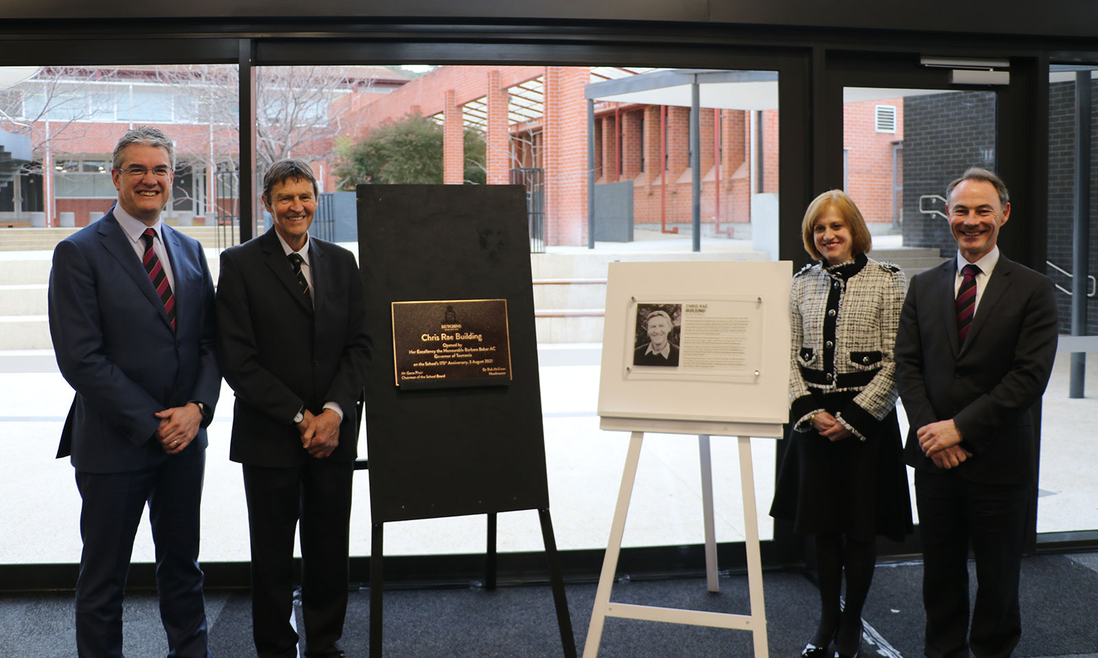 Mr Gene Phair (Chairman of the Board), Mr Chris Rae, Her Excellency the Honourable Barbara Baker AC and Dr Rob McEwan (Headmaster) at the official opening of the Chris Rae Building.