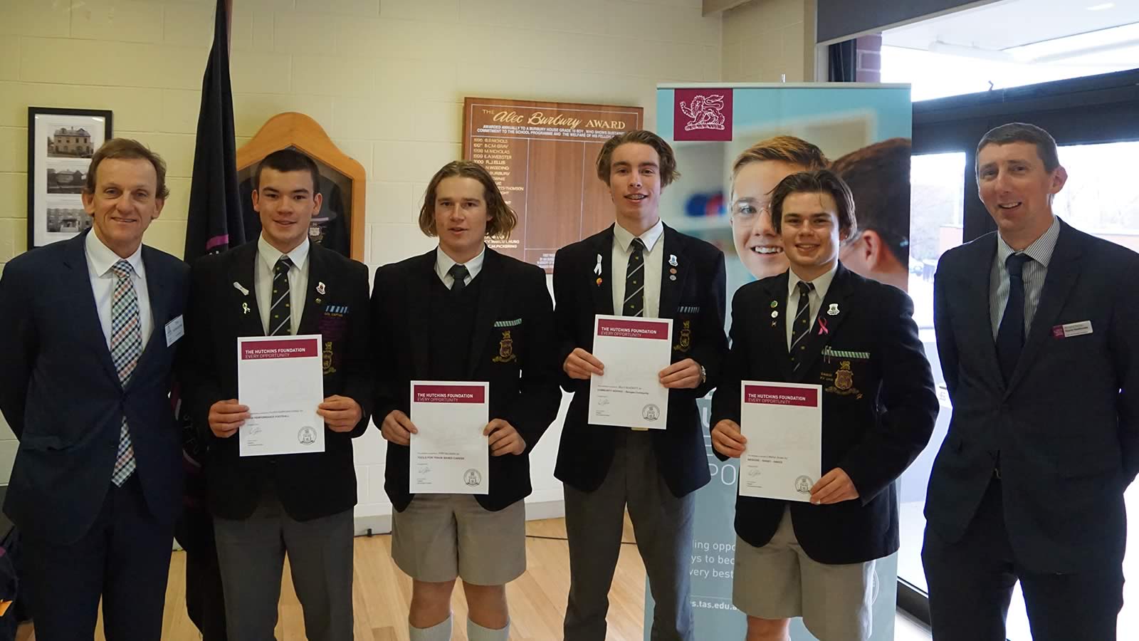 Mr Tim Johnstone (Hutchins Foundation Board member), Oliver Burrows-Cheng (School Captain), Finn McLagan (Year 11), Billy Blackett (Year 12 Prefect), Martyn Szoke (Year 12 Prefect) and Mr Richard Davies (Deputy Headmaster).