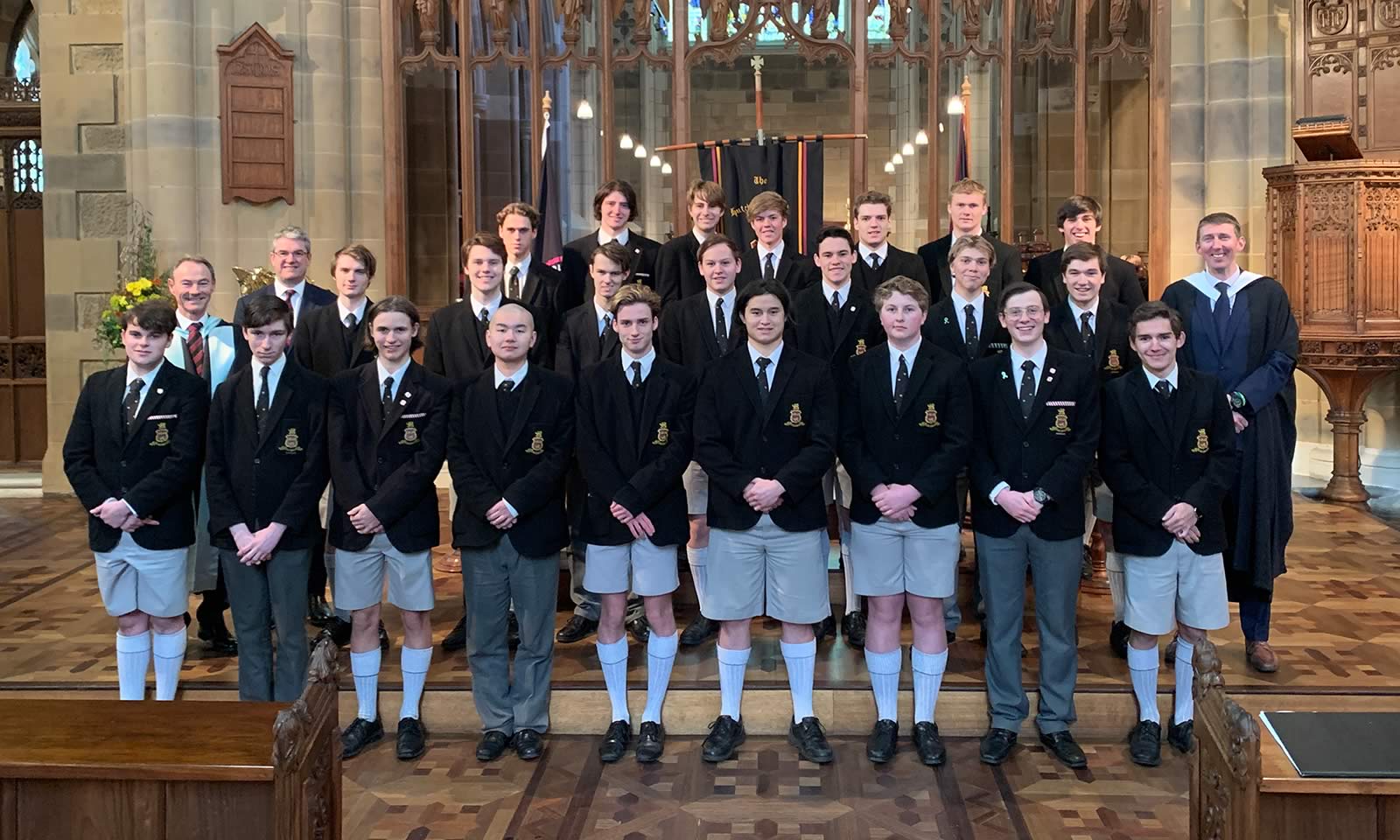 Tie recipients with Mr Gene Phair (Chairperson of the Board), Dr Rob McEwan (Headmaster) and Mr Richard Davies (Deputy Headmaster/Head of Senior School). 