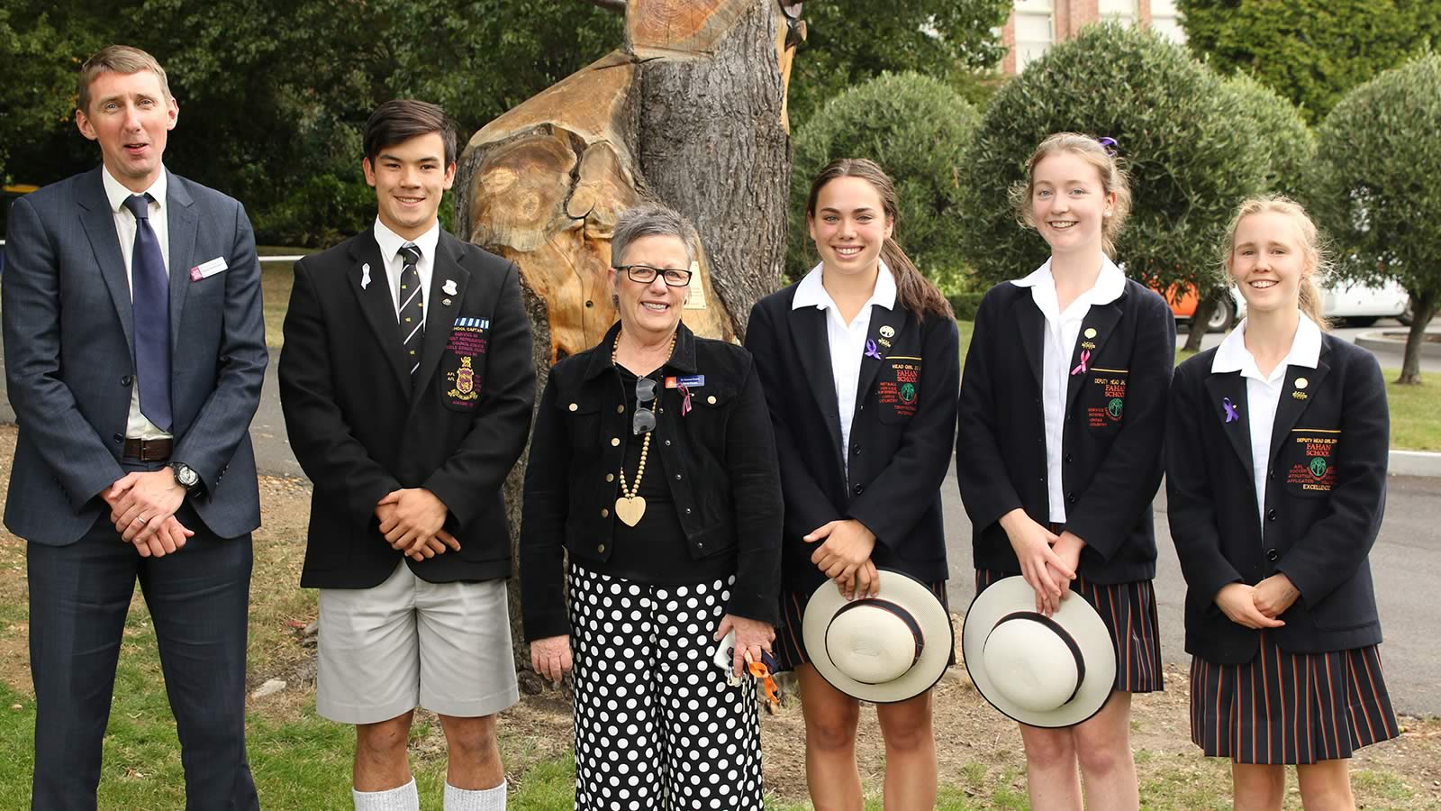 The Hutchins School Deputy Headmaster – Mr Richard Davies, School Captain – Oliver Burrows-Cheng, The Fahan School Deputy Principal - Dr Donna Evans, Head Girl – Isabella Faird, Deputy Head Girl – Emma Ward and Sophie Young. 