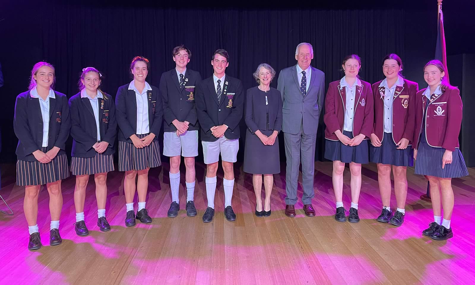 School Captains from Hutchins, St Michael’s Collegiate School and Fahan School at the Year 12 International Women’s Day Dinner with Her Excellency Professor the Honourable Kate Warner AC and husband, Mr Richard Warner.