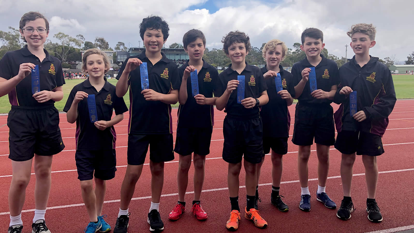 Year 5 100m winners (L–R) Gabe Harkness, Harry Scott, Lucas Baumwol, Jarvis Breen, Lucas Akl, Ollie Moore, Travis Round, Joshua Zeeman.