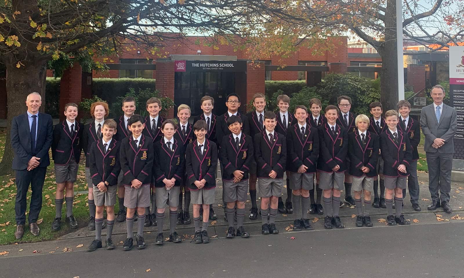 2020 Junior School Leaders with Mr Stephen Coventry (Head of Junior School) and Dr Rob McEwan (Headmaster)