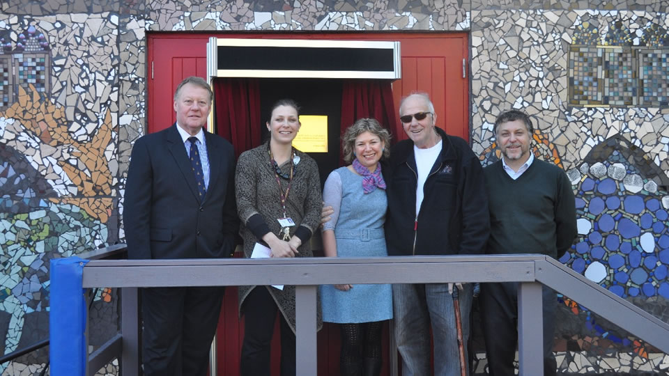 Mosaic Mural officially opened: L - R: Headmaster Mr Warwick Dean, Art Teacher Mrs Rebecca Terry, Artist in Residence Tanya La Paglia, Mr Alan Spinks and Mr Brad Trost.