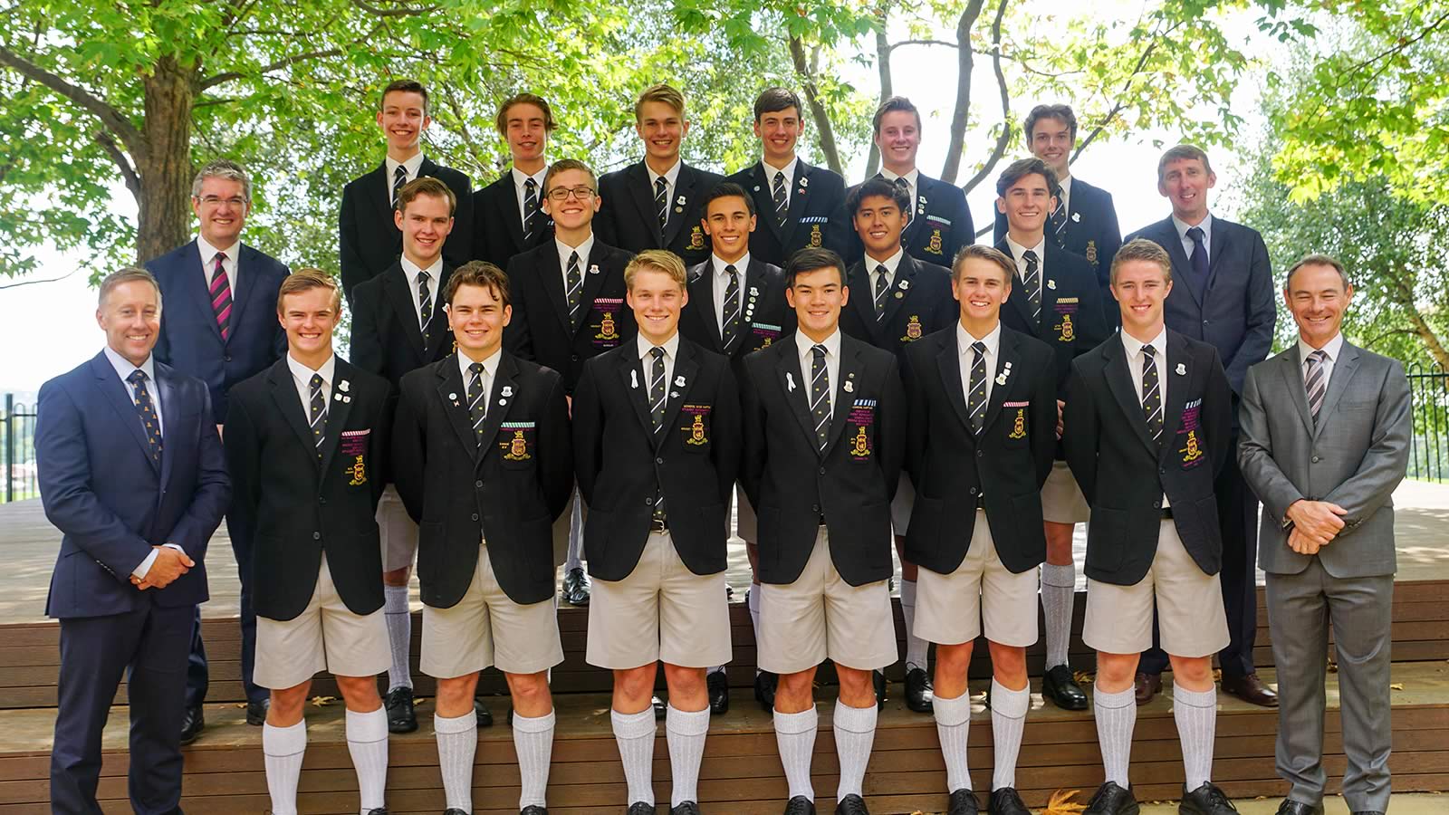 2019 School Captains and Prefects pictured with Headmaster Dr Rob McEwan, Deputy Headmaster Mr Richard Davies, Head of Senior School Mr Roger McNamara and Chairperson of the Board Mr Gene Phair.
