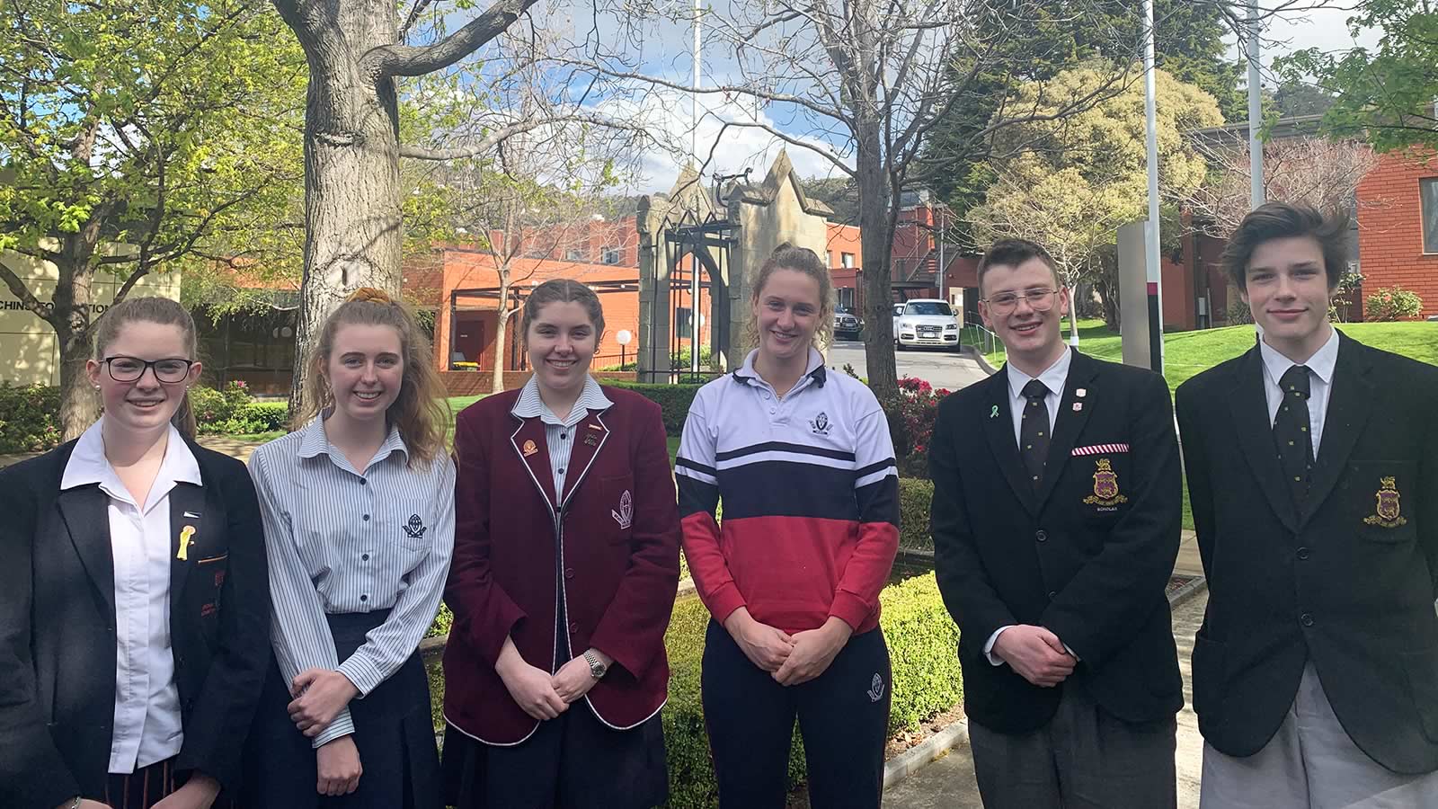 L–R Abbey Calvert (Year 11), Alexandra Wilbur (Year 12), Heather Russell (Year 12), Lily Fisher (Year 11), Ethan Medwin (Year 11) and Hugo Hemmings (Year 11). 