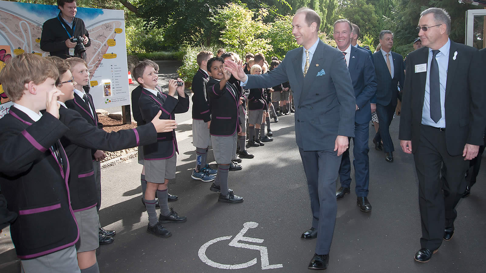 His Royal Highness, The Prince Edward, Earl of Wessex greets Hutchins students at the Tasmanian Royal Botanical Gardens