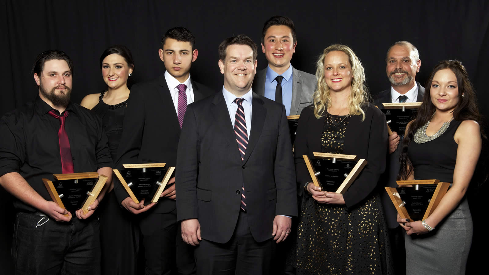 JobNet Tasmania VET in Schools Student of the Year Award winner Nicholas Bonnitcha (third from left) with the 2015 Tasmanian Training Award winners and Minister Matthew Groom. (large)