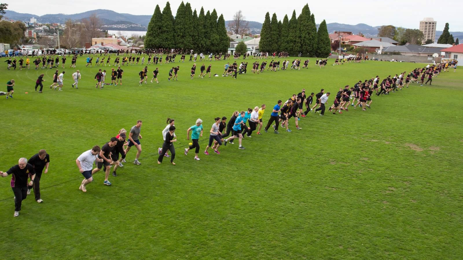 Hutchins students, teachers and staff participating in the beep test (large)