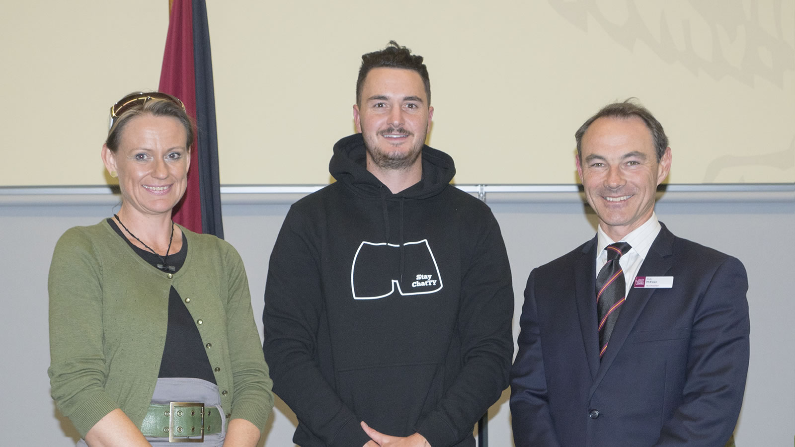 L–R Rebecca Thomson (Lifeline Tasmania), Mitch McPherson (Speak Up! Stay ChatTY) and Dr Rob McEwan (Headmaster). (large)