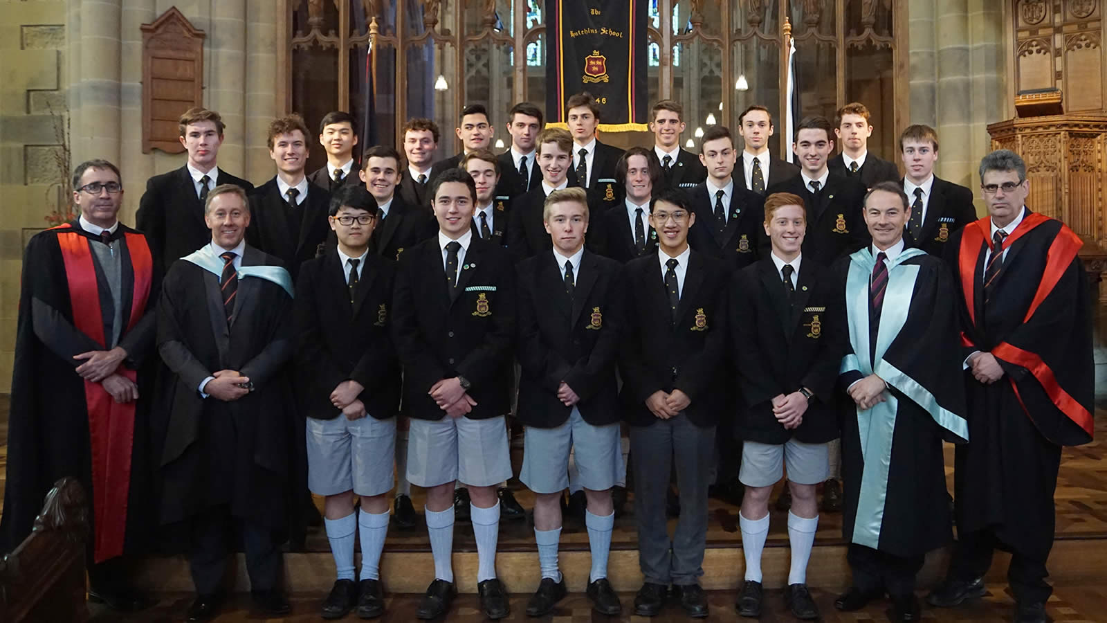 Anniversary Tie recipients with Dr Adam Forsyth (Deputy Headmaster), Mr Roger McNamara (Head of Senior School), Headmaster, Dr Rob McEwan and Professor Marcus Haward (Chairperson of the Board).