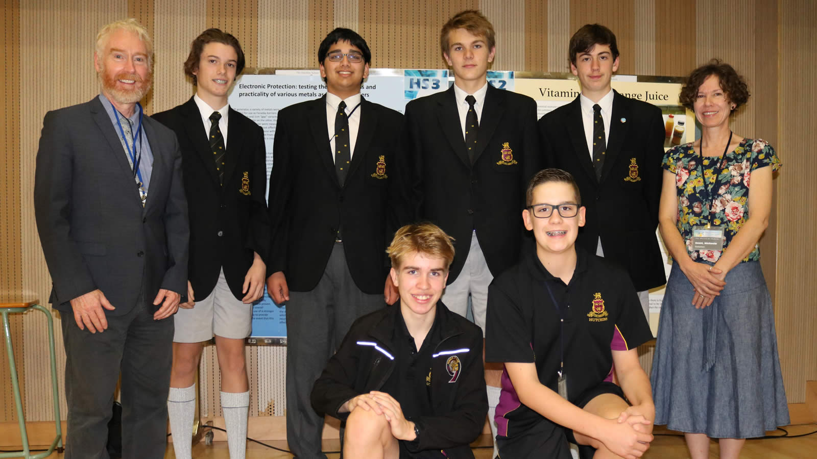 Back L–R Mr Peter Crofts, Alex Stephens, Sudhaunshu Hardikar Struen Vanderplas, George Scott (all Year 10) and Dr Michaela Guest. Front L–R William Mather and Alexander Kruzis (both year 9).