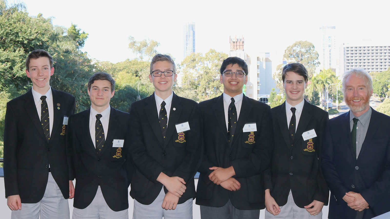 L–R Year 10 students, Malcolm Ward, Raiden Lemon, Miles McTaggert, Sudhaunshu Hardikar and Brendan Heatley-Hart with Head of Faculty Mr Peter Crofts.