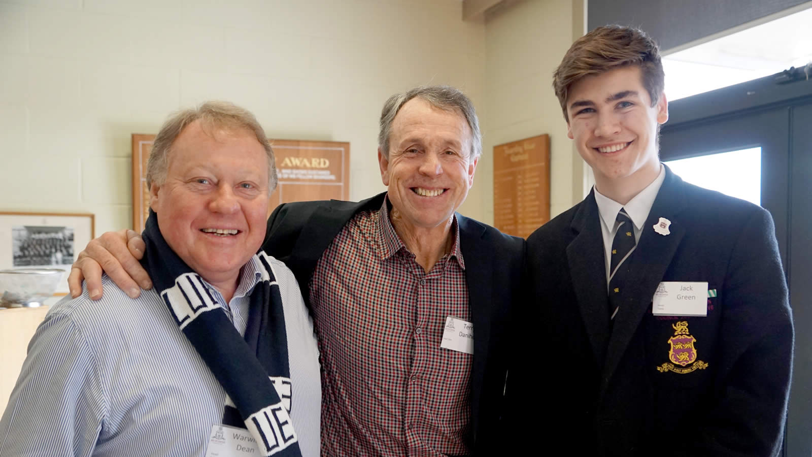 L–R Headmaster, Mr Warwick Dean, Terry Daniher, School Vice-Captain Jack Green. (large)