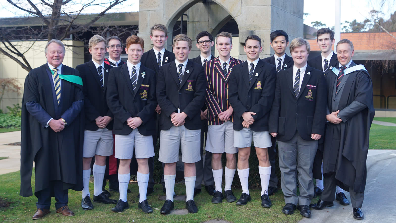 The Prefects are photographed with Headmaster Mr Warwick Dean, Deputy Headmaster Dr Adam Forsyth, Head of Senior School Mr Roger McNamara and School Captain Jake West. (large)