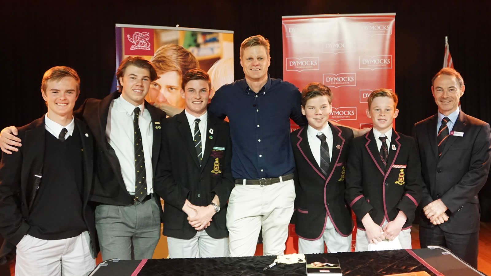 Thomas Reeves (Year 10), Hugh Jubb (Year 11), William Smith (Year 12), Nick Riewoldt, Nicholas Williams (Year 7), James Hodgman (Year 8) and Headmaster, Dr Rob McEwan