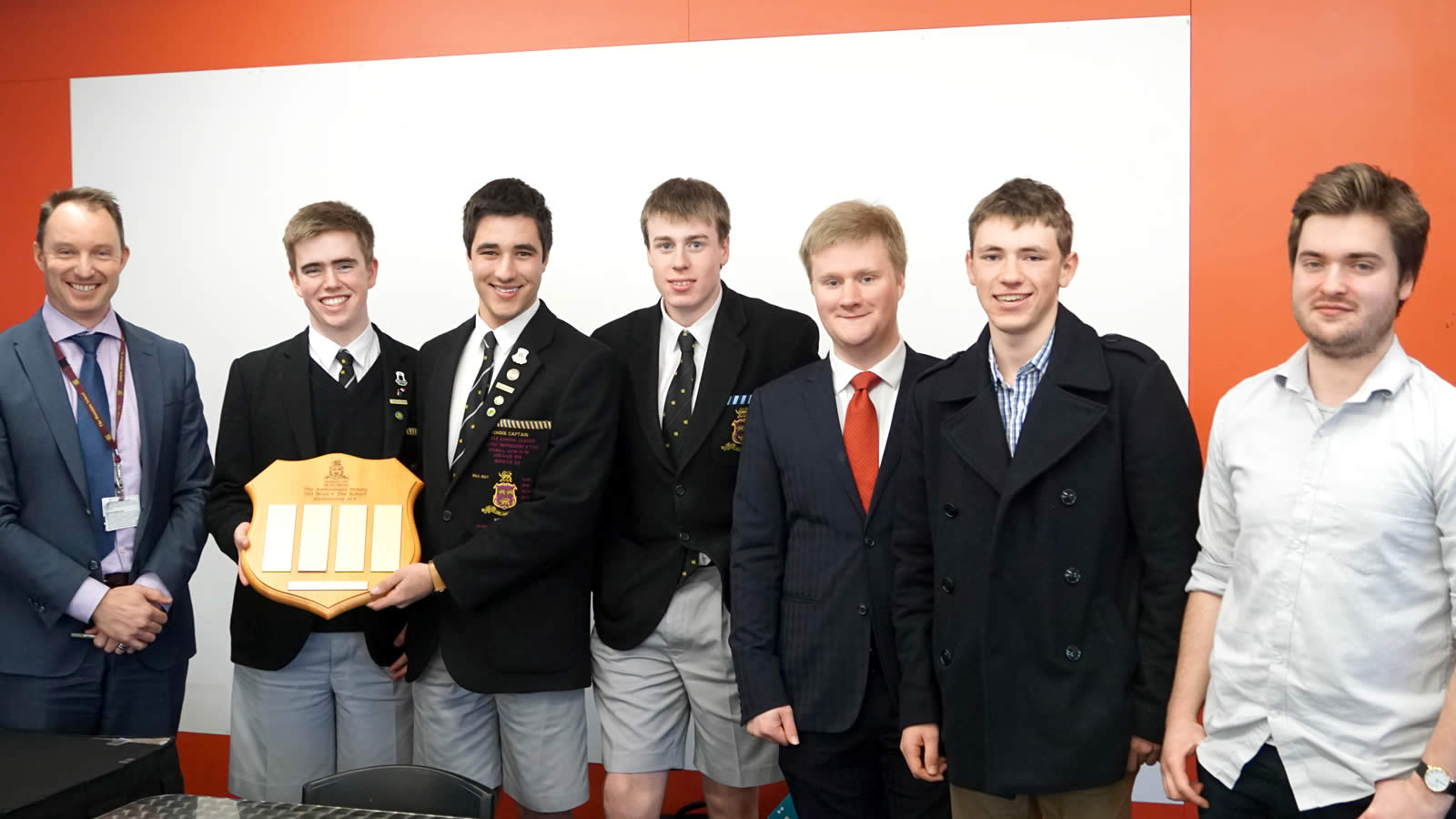 L–R Mr Wayne Brown, Thomas Young, Thomas Dunbabin, Alex Munro, Daniel Croser (’16), Fergus McShane (’16) and Nick Gribble (’14). Absent – Jeremy Reid.