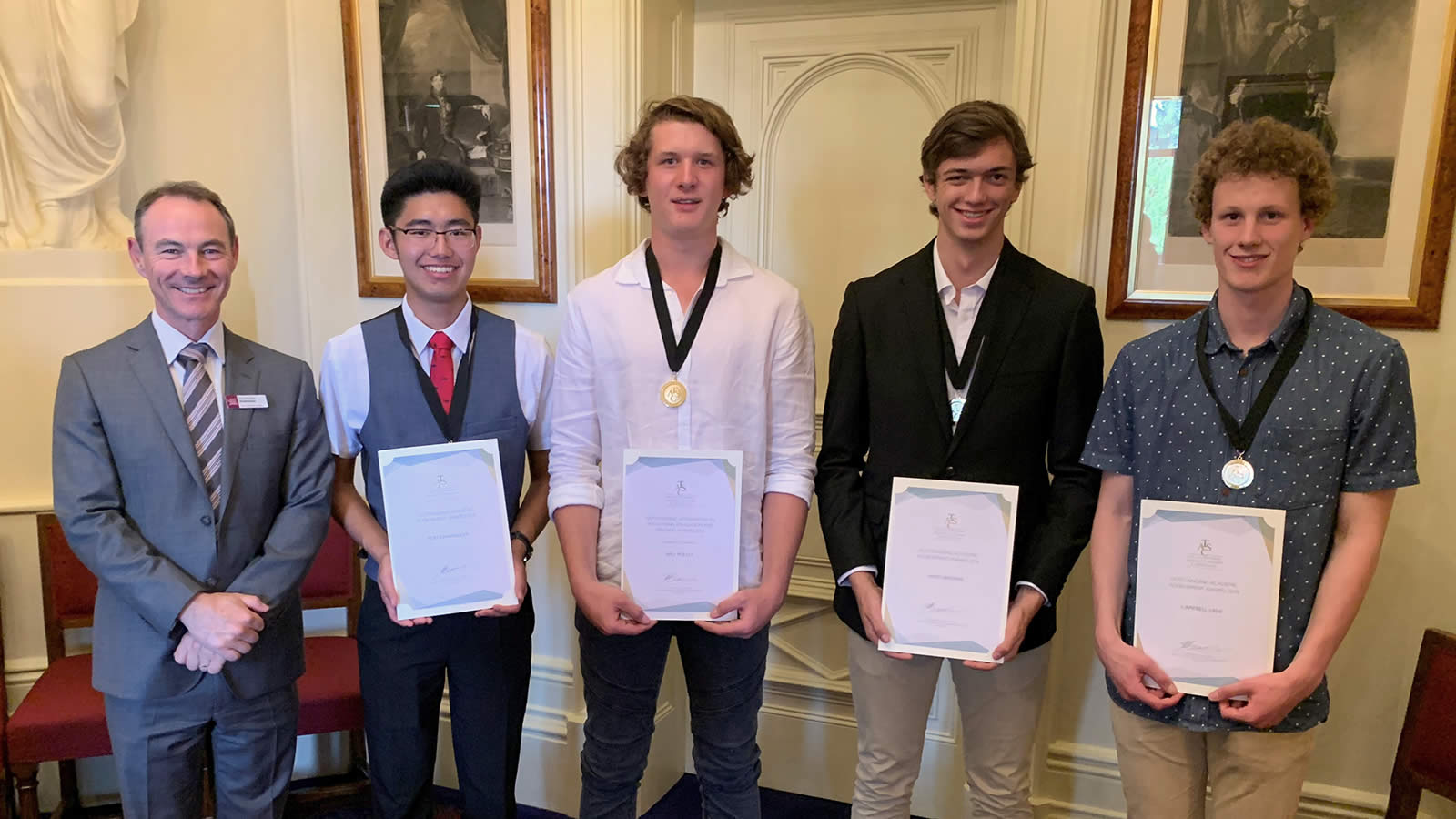 Headmaster Dr Rob McEwan, Koh Kawaguchi (’18), Will Polley (’18), James Browne (’18) and Campbell Lane (’18) at the TASC Outstanding Achievement Awards.