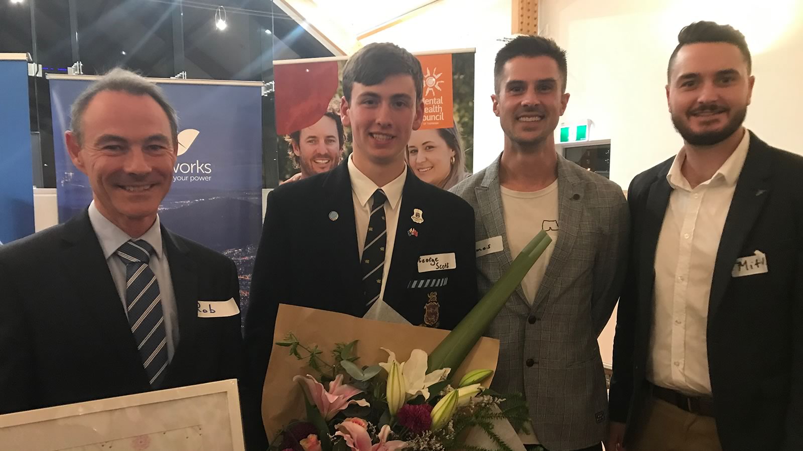 Headmaster Dr Rob McEwan, George Scott (Year 12 Mental Health Prefect) pictured with James Rice & Mitch McPherson from Speak Up! Stay ChatTY.