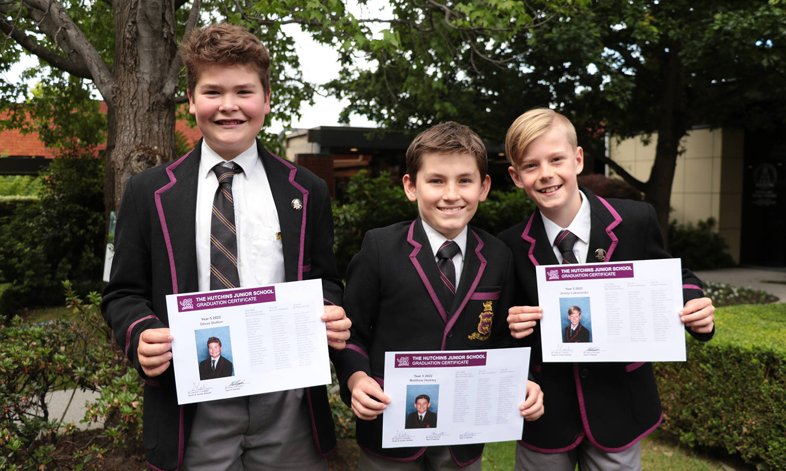 L–R Oliver Dutton, Matthew Hinkley and Jimmy Lukianenko with their Year 5 Graduation Certificates