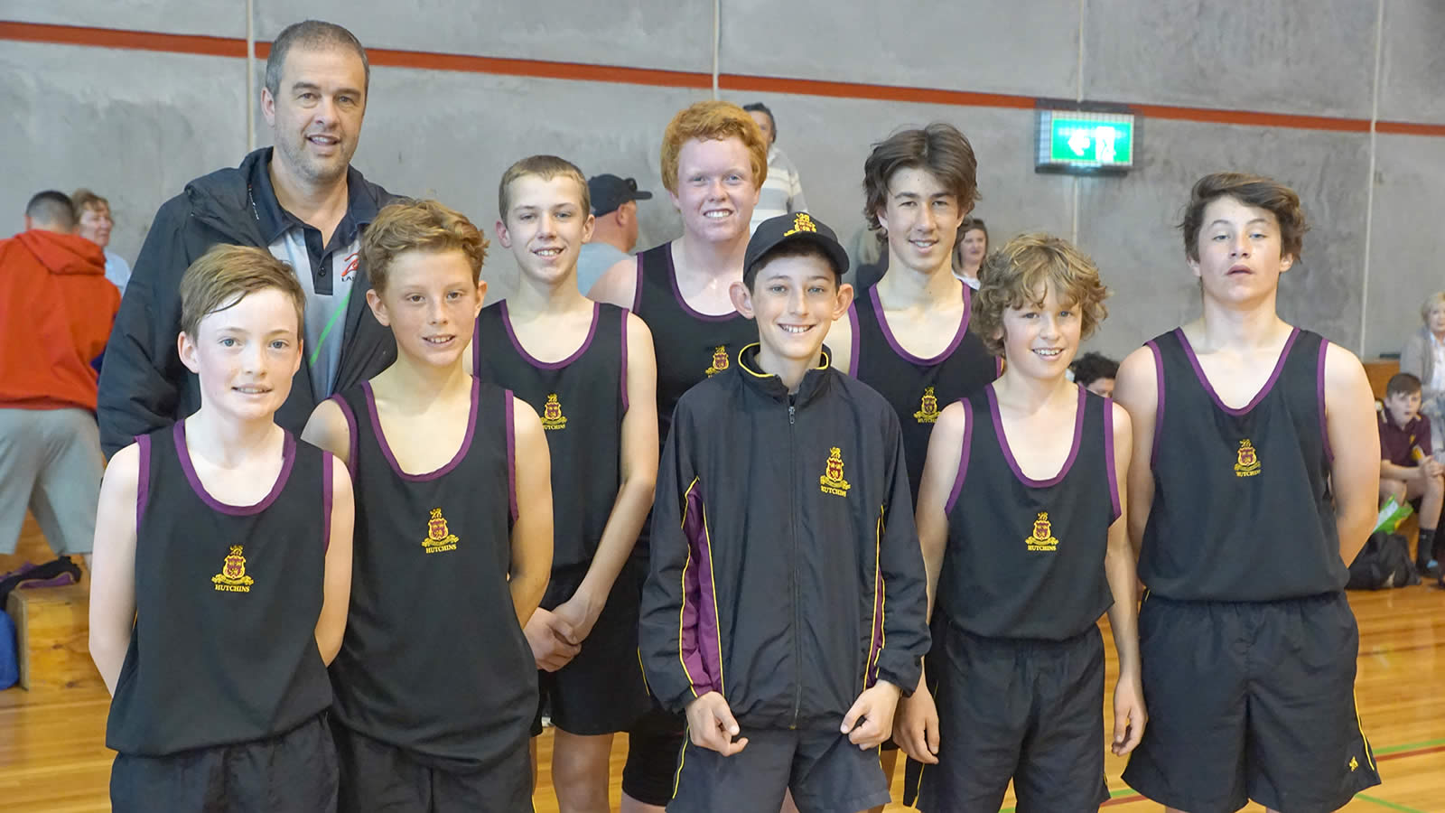 Year 7–8 Basketball Team (left to right): Campbell Baker, Rafael Gasset, Luke Harris, Jesse Wright, Tim Mitchell, Sam Conway, Archie Stewart, Callum Rogers and Coach Anthony Stewart.