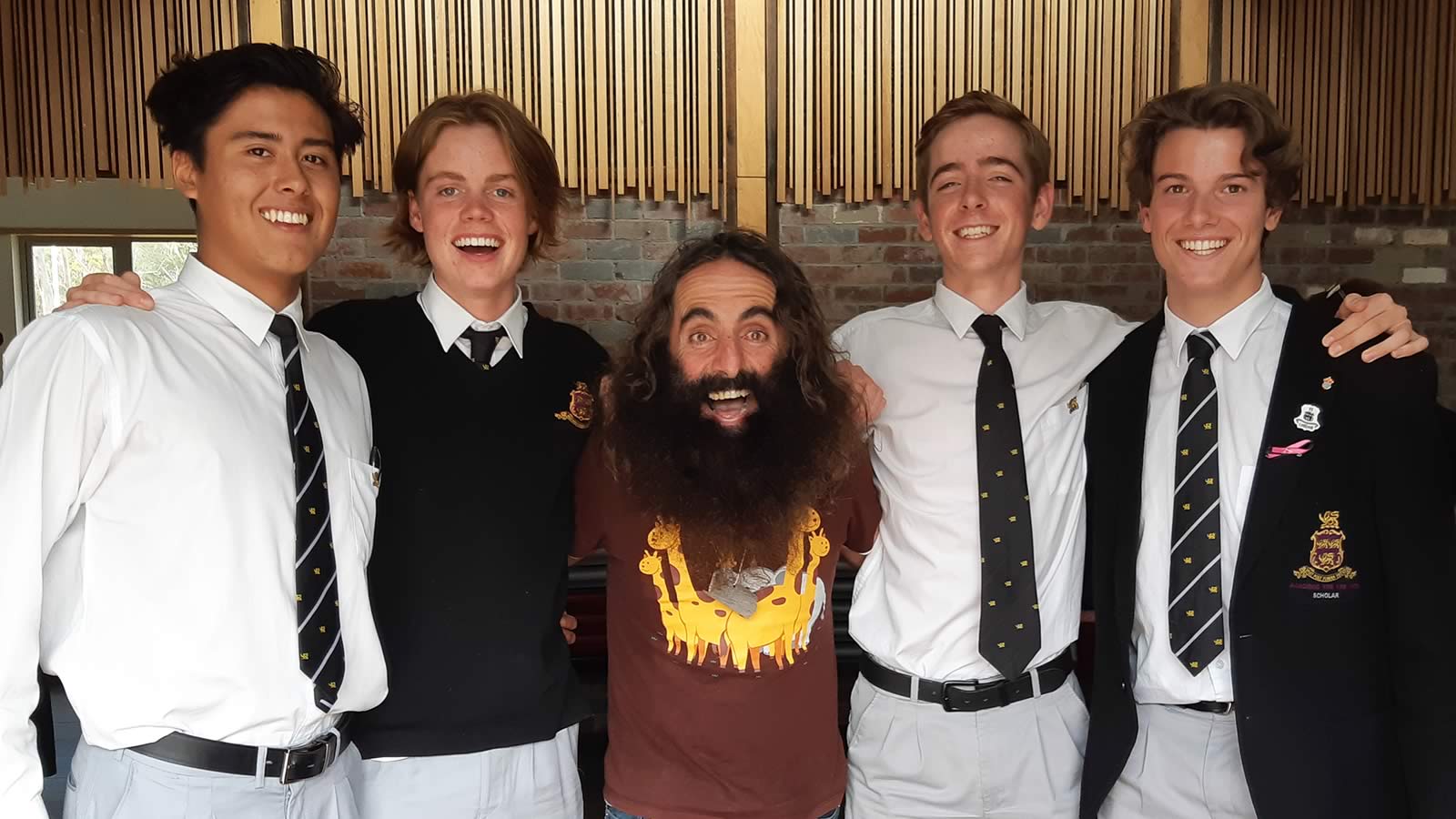 Year 12 students, Rhys Evans, Angus McIntosh, Cameron Urquhart, and Alex Stephens with Costa Georgiadis at the Tasmanian Youth Climate Leaders Conference.